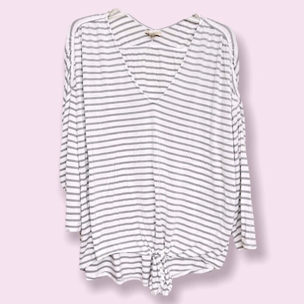 Bordeaux Coastal Striped Long Sleeve Top White Gray 3/4 Sleeves Size Large
